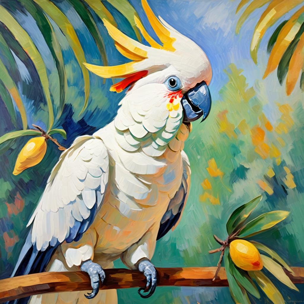 cockatoo bird in the style of cezanne, highlighting classic brush strokes and an elegant, timeless look.