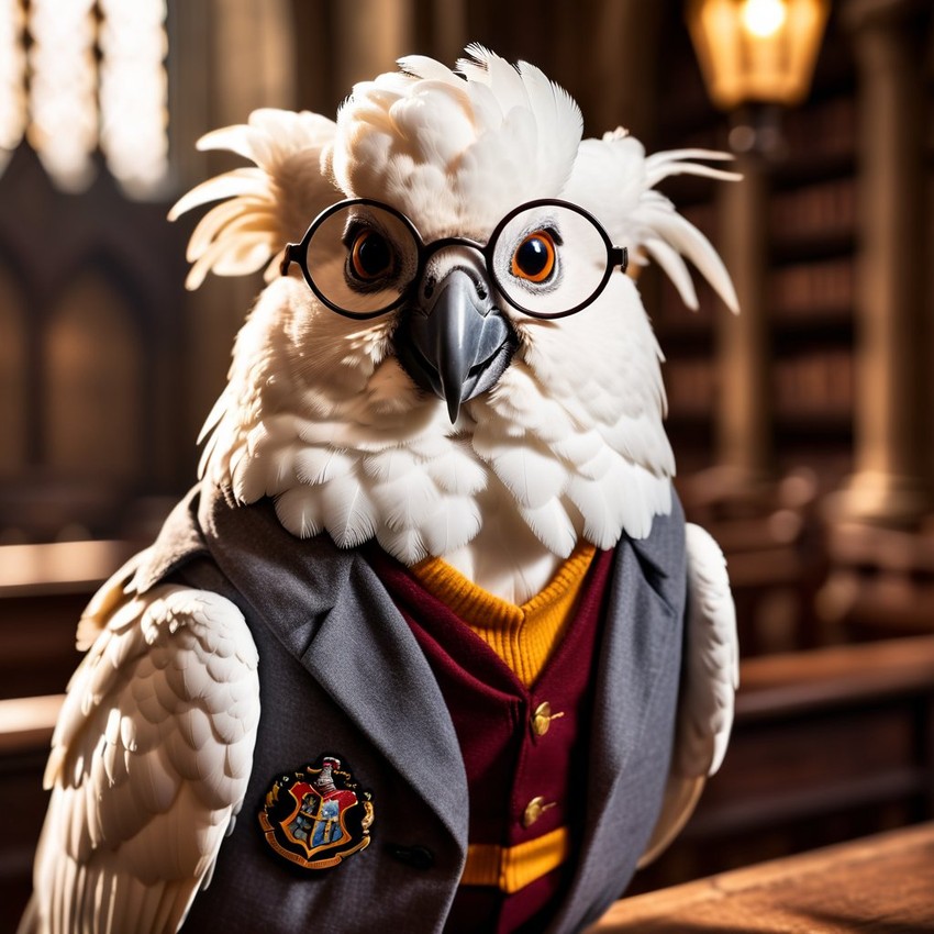 cockatoo bird as harry potter, with glasses and hogwarts setting, capturing the magical and epic essence.