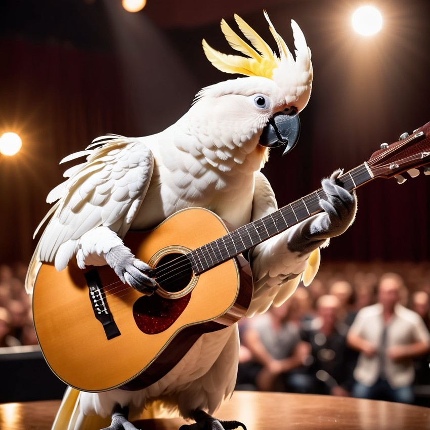 cockatoo bird as a musician playing guitar in a cinematic concert hall, capturing dynamic and high-energy performance.