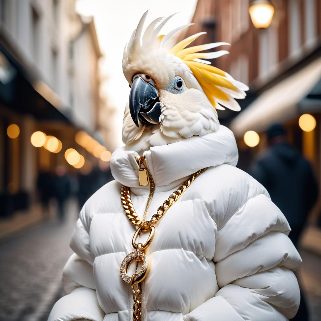 cockatoo bird in a large white puffer coat with golden hip hop chains, set in a posh urban environment.