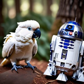 cockatoo bird as r2d2 from star wars, dressed as r2d2 in a detailed star wars scene.