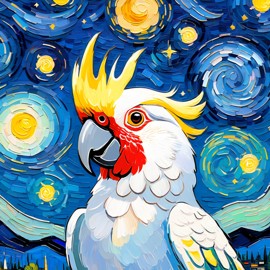 cockatoo bird by van gogh, featuring starry night brush strokes, capturing a cute and happy expression.