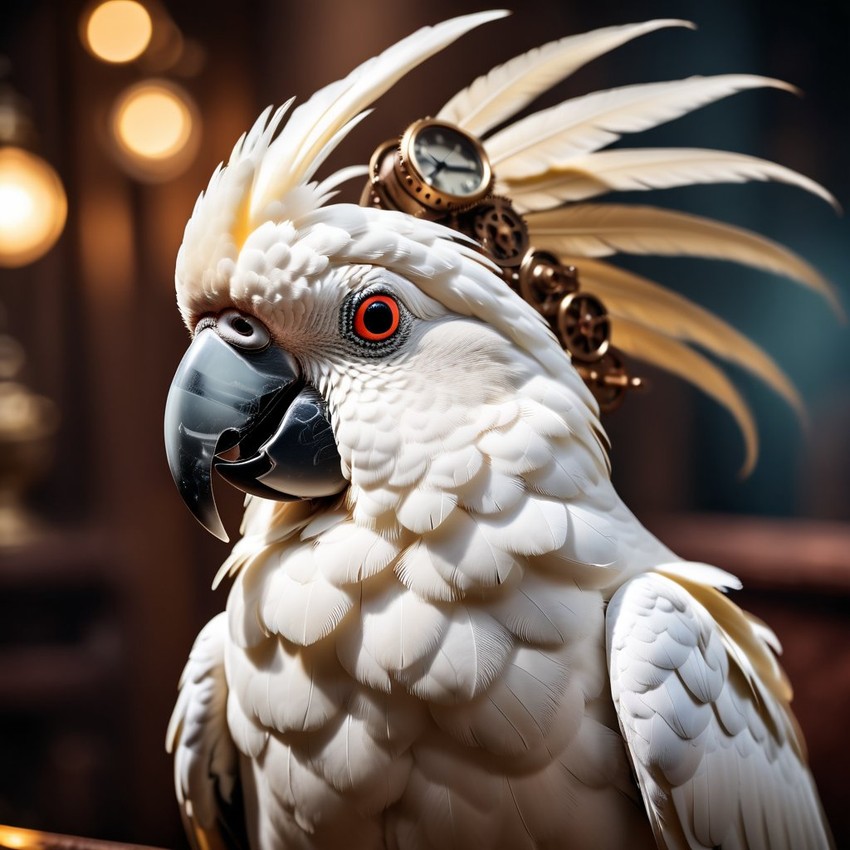 cockatoo bird in a steampunk style, happy, highly detailed, retro-futuristic, with a vintage aesthetic.