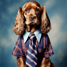 90s yearbook photo of cocker spaniel in a shirt and tie, full body, studio background.