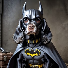 cocker spaniel as batman in batcave, wearing batman suit and mask, highly detailed.