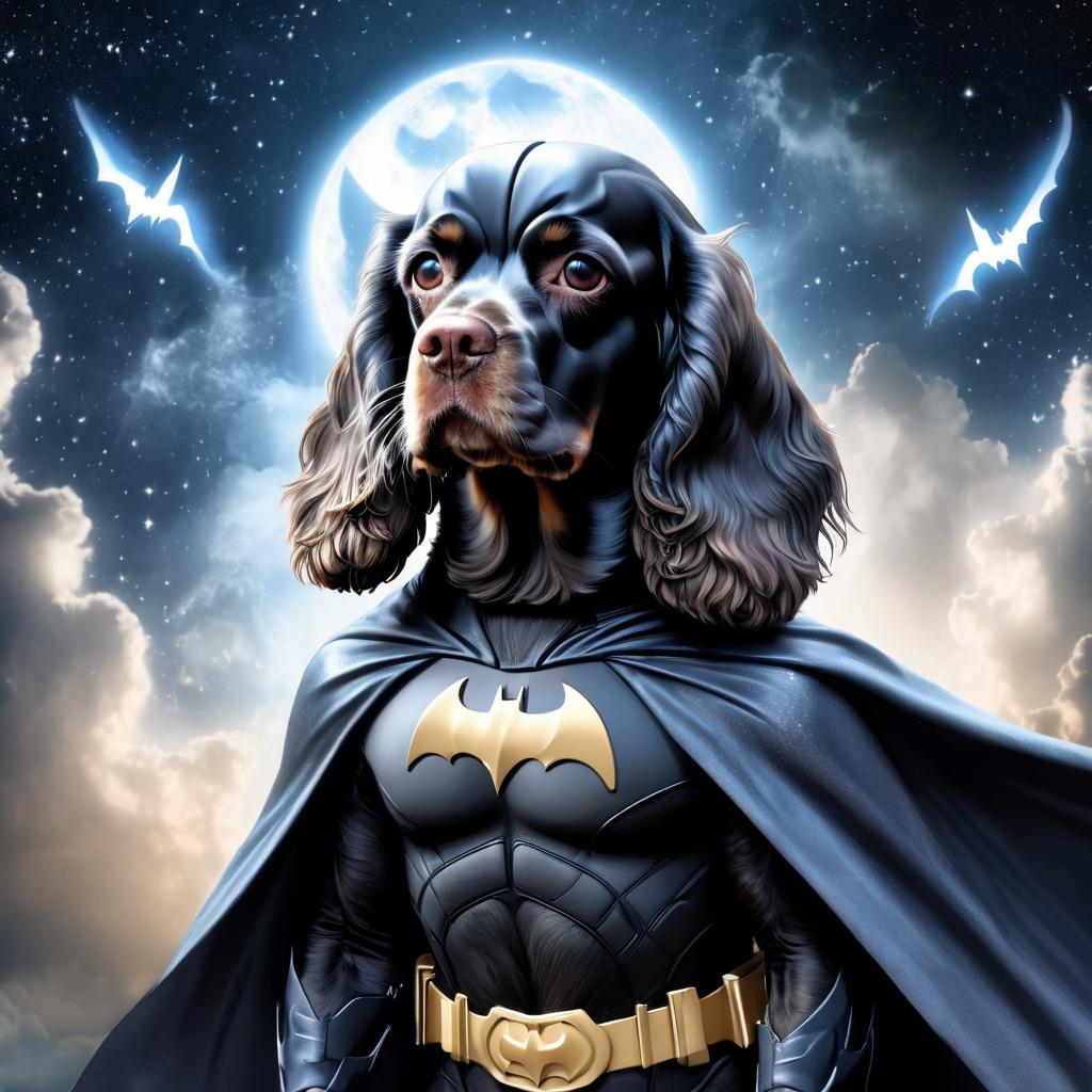 cocker spaniel as batman, ethereal and majestic, wearing batman suit and mask.