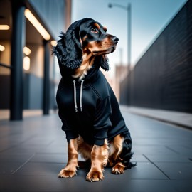 cocker spaniel in a black hoodie, set against a modern urban backdrop, emphasizing a stylish and trendy look.