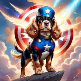 cocker spaniel as captain america from avengers, ethereal and magical.