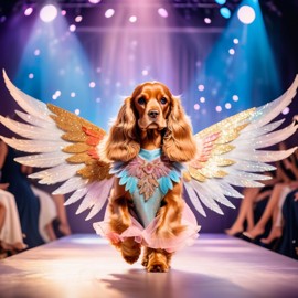 cocker spaniel strutting down the fashion show catwalk stage in a magical fairytale dress with glittering wings, high energy and magical.