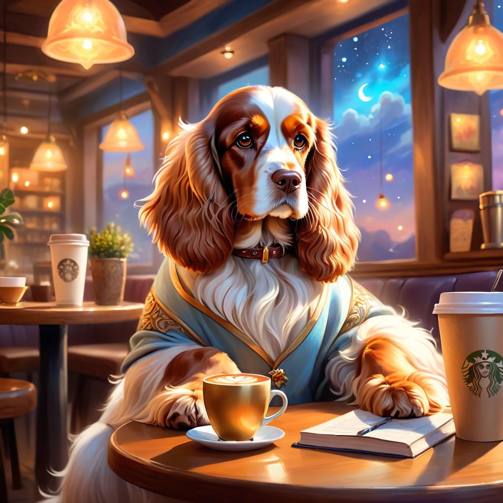 cocker spaniel sitting in a cozy coffee shop, ethereal and magical.