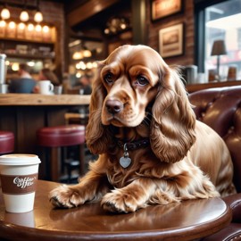 cocker spaniel sitting in a cozy coffee shop, lifelike and detailed.