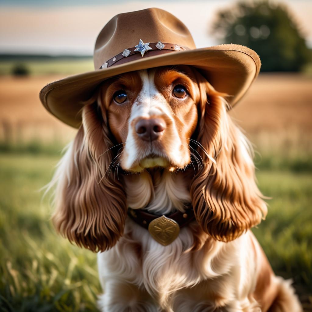 cocker spaniel as a cowboy wearing a hat, in the midwest countryside, on a farm.