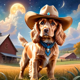 cocker spaniel as a cowboy wearing a hat, in the midwest countryside, on a farm.