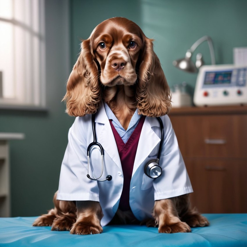 cocker spaniel as a doctor with extreme detail in a studio setting, lifelike and high resolution.