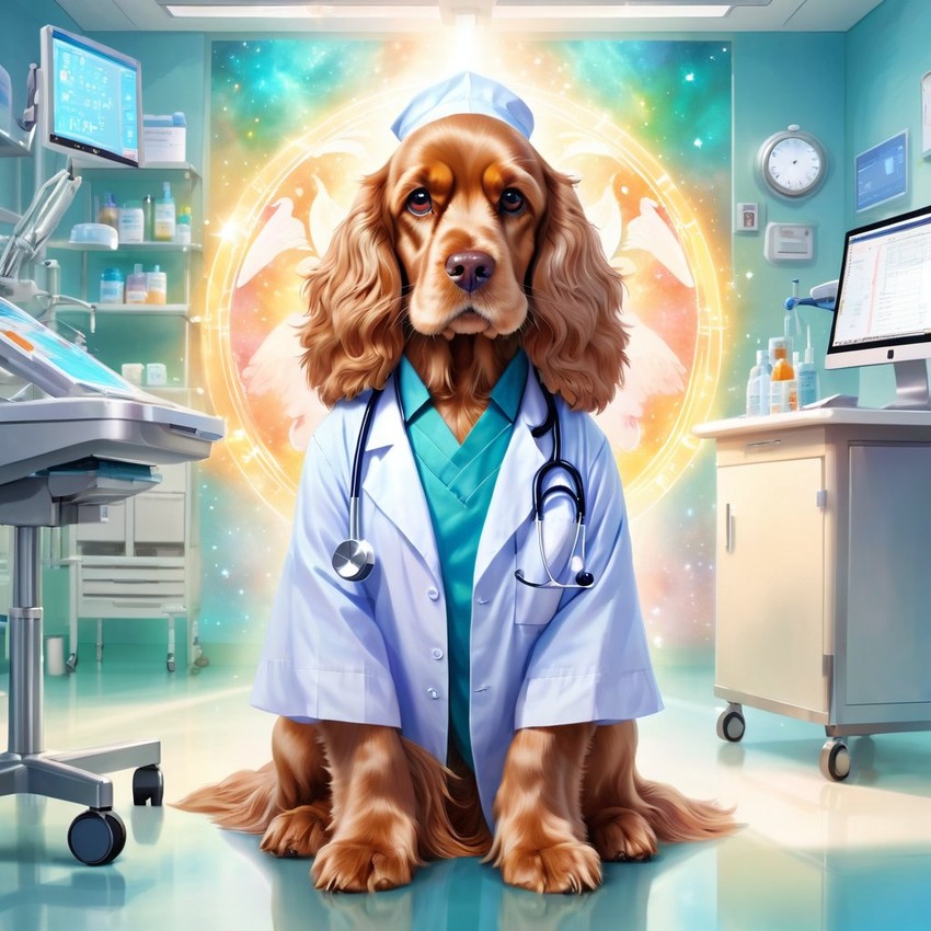 cocker spaniel as a doctor in a magical hospital setting, ethereal and dreamy with celestial details.