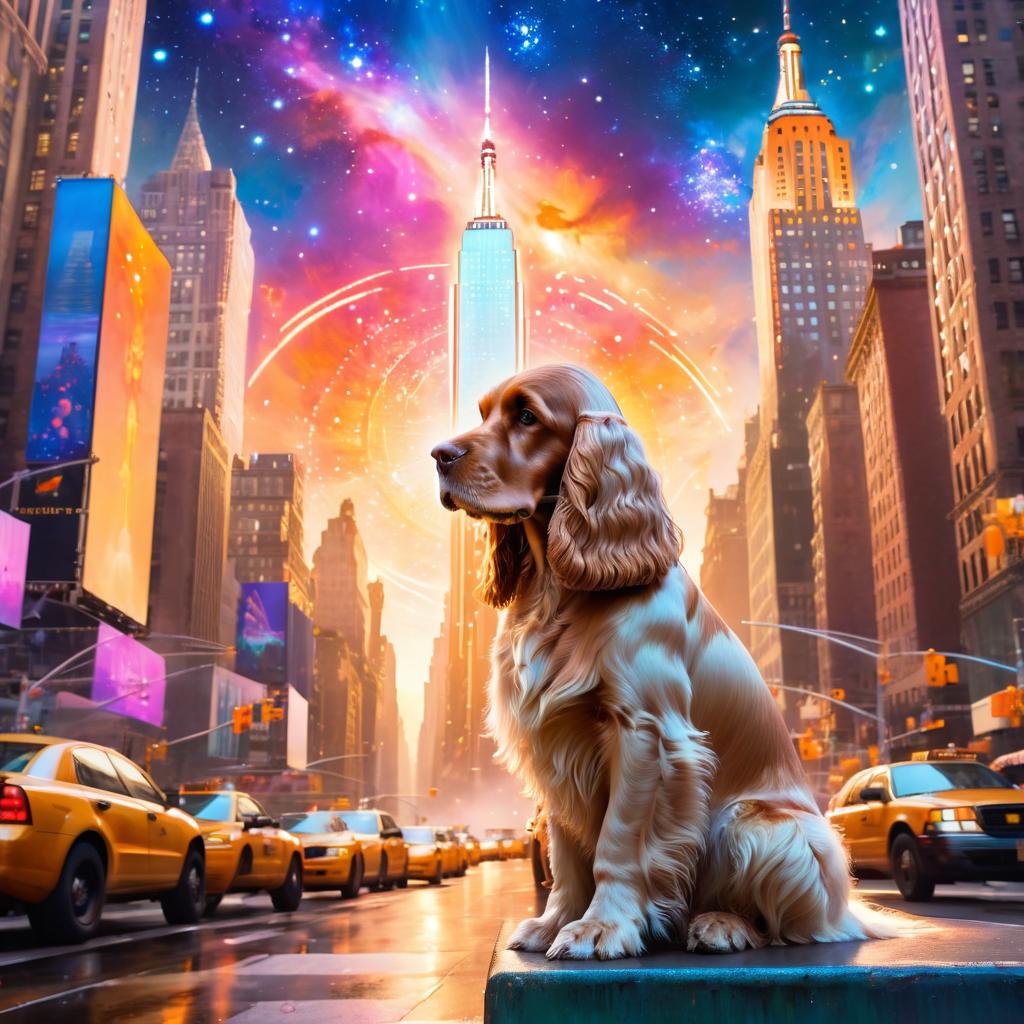 cocker spaniel in new york depicted in ethereal fantasy art, with a magical and celestial backdrop.