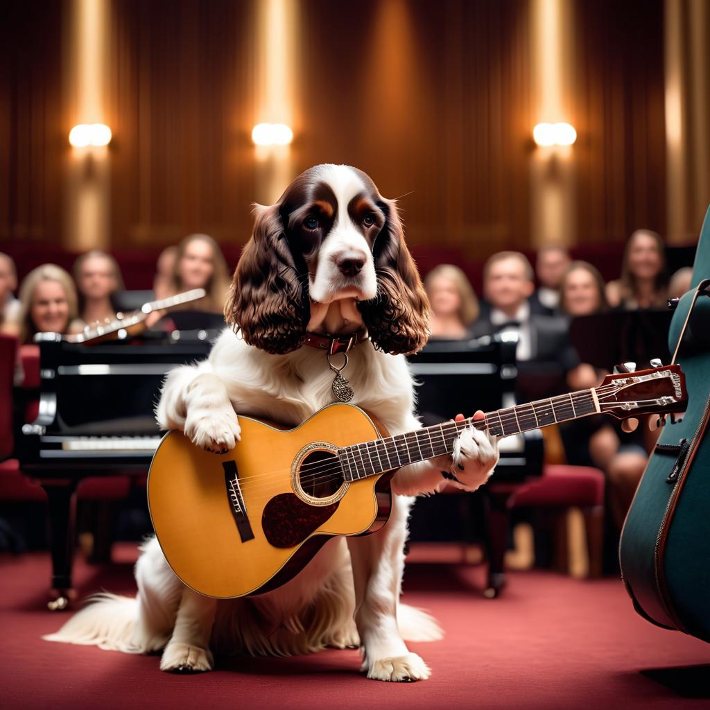 cocker spaniel as a musician playing guitar in a cinematic concert hall, capturing dynamic and high-energy performance.