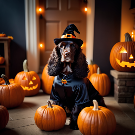 cocker spaniel in a halloween costume with pumpkins and eerie decorations, highlighting their festive spirit.