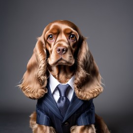 professional headshot of cocker spaniel wearing a stylish suit for a cv or linkedin, studio photo.