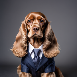 professional headshot of cocker spaniel wearing a stylish suit for a cv or linkedin, studio photo.