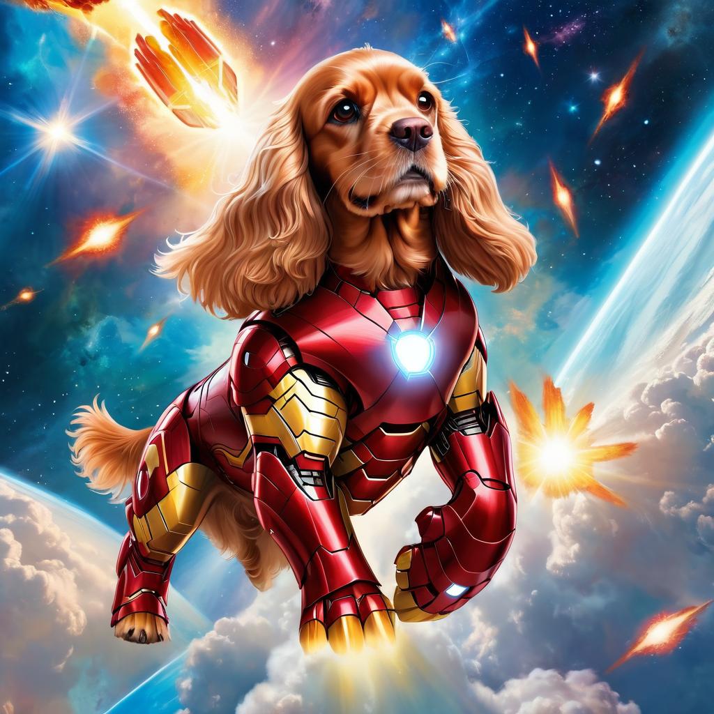 cocker spaniel as iron man, showcasing a celestial, painterly style with a magical iron man costume.