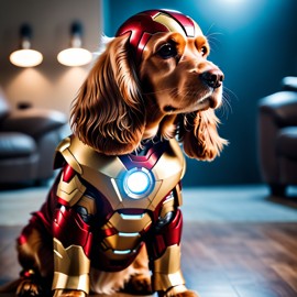 cocker spaniel as iron man, featuring a detailed iron man costume and a high-budget movie scene.