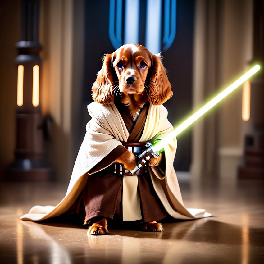 cocker spaniel as a jedi knight, featuring a lightsaber and a star wars environment in a high-detail, epic style.