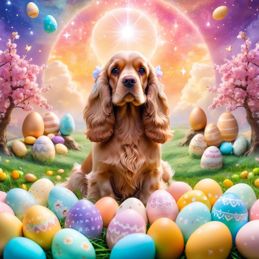 cocker spaniel in a magical easter setting with colorful eggs, ethereal and dreamy details.