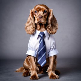 cocker spaniel in a stylish shirt and tie, with a diffused background, capturing their cute and professional side.