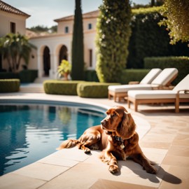 cocker spaniel suntanning next to a luxurious villa pool, capturing a posh and happy moment.