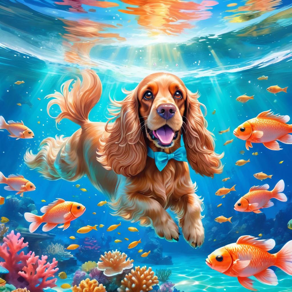 cocker spaniel swimming in a magical blue ocean with colorful fish and coral reef, capturing a dreamy and adventurous underwater scene.