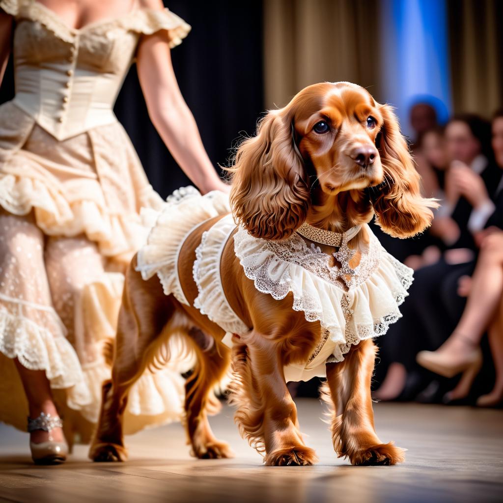 cocker spaniel strutting down the fashion show catwalk stage in a vintage victorian outfit with lace and ruffles, high energy and majestic.