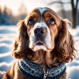 cocker spaniel in a beautiful winter scene, wearing stylish winter clothing, looking cute and happy.