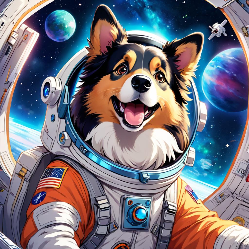 anime illustration of collie as astronaut in space, wearing spacesuit, vibrant and detailed.