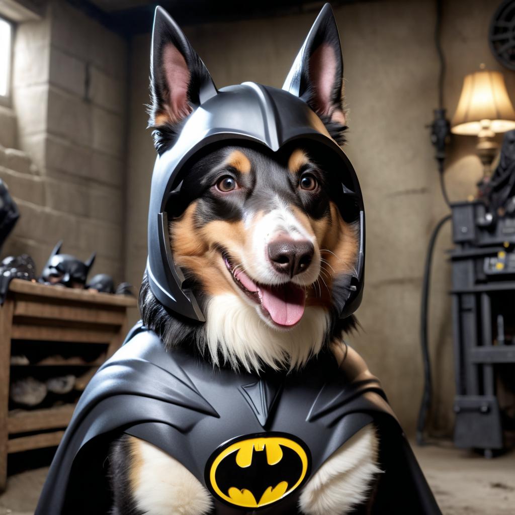 collie as batman in batcave, wearing batman suit and mask, highly detailed.