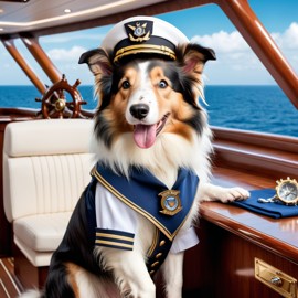 collie as a captain on a luxury yacht, wearing captain uniform, highly detailed.