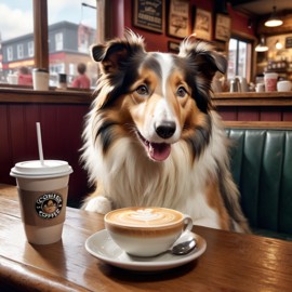 collie sitting in a cozy coffee shop, lifelike and detailed.