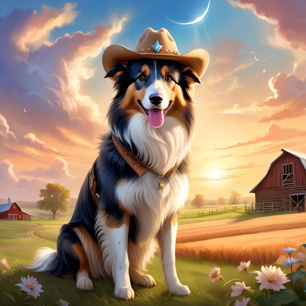 collie as a cowboy wearing a hat, in the midwest countryside, on a farm.