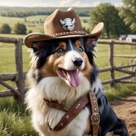 collie as a cowboy wearing a hat, in the midwest countryside, on a farm.