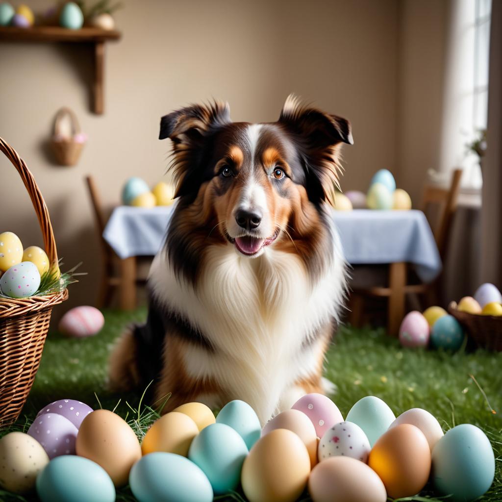 collie in a beautiful easter setting with colorful eggs, highly detailed and charming.