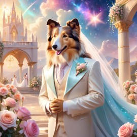 fantasy wedding art of collie in a beautiful wedding suit, set in a dreamy, magical environment, looking cute and happy.