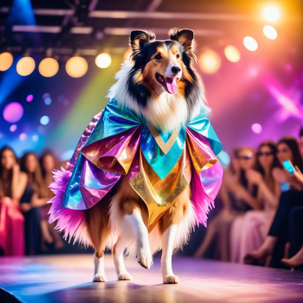 collie strutting down the fashion show catwalk stage in an extravagant cosmic-themed outfit with iridescent fabrics, high energy and extravagant.