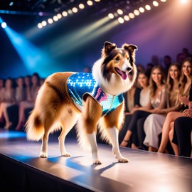 collie strutting down the fashion show catwalk stage in a sleek metallic bodysuit with led accents, high energy and dramatic.