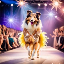 collie strutting down the fashion show catwalk stage in a sparkling sequined dress with a feathered boa, high energy and dramatic.