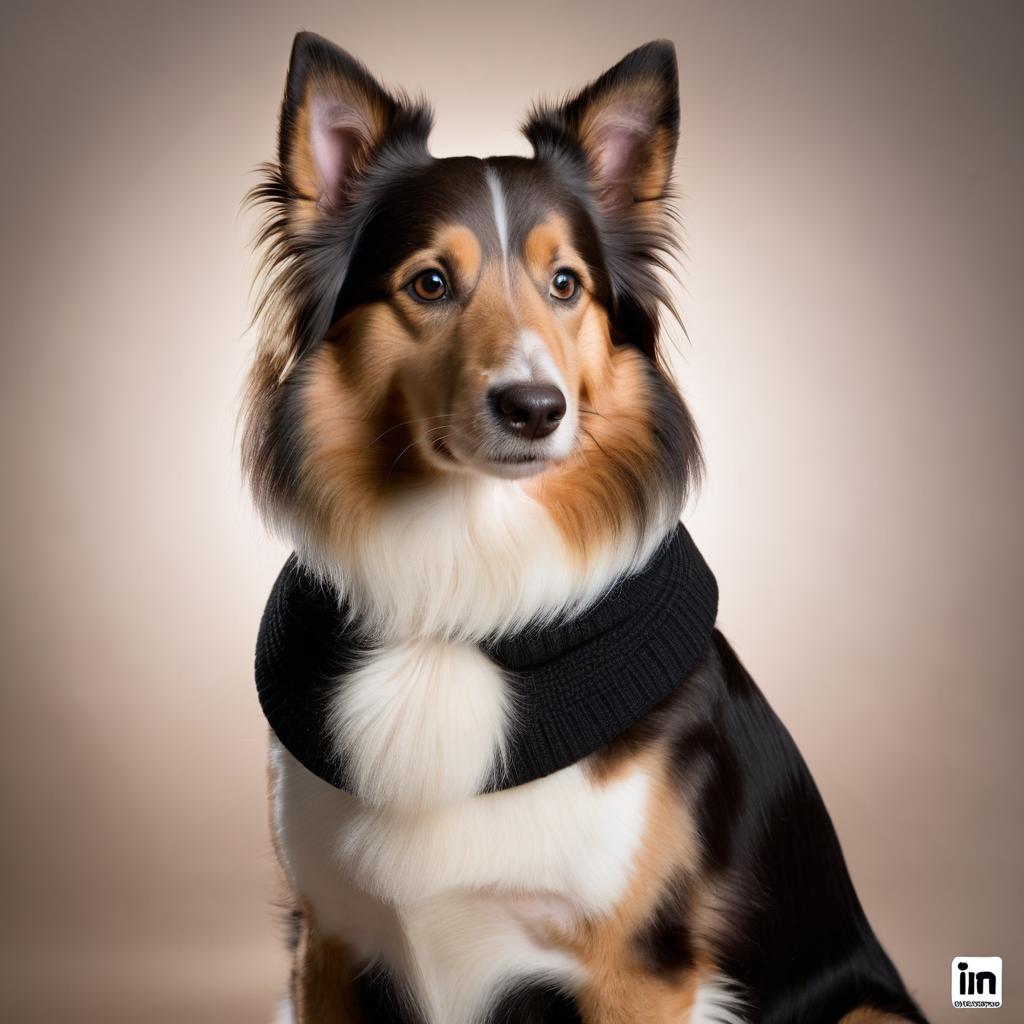 professional headshot of collie wearing a black turtleneck for a cv or linkedin, studio photo.