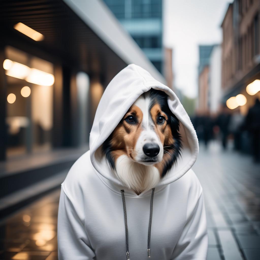 collie in a white hoodie, showcasing a modern urban setting with a cute and stylish look.