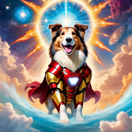 collie as iron man, showcasing a celestial, painterly style with a magical iron man costume.