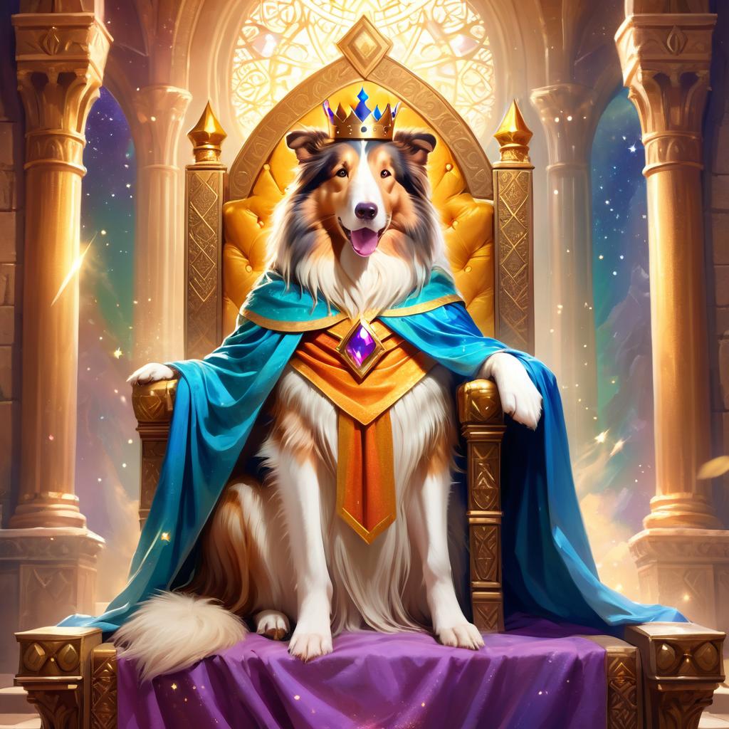 ethereal fantasy art of collie as a king in a magical castle, wearing a crown and robe with a majestic, painterly style.