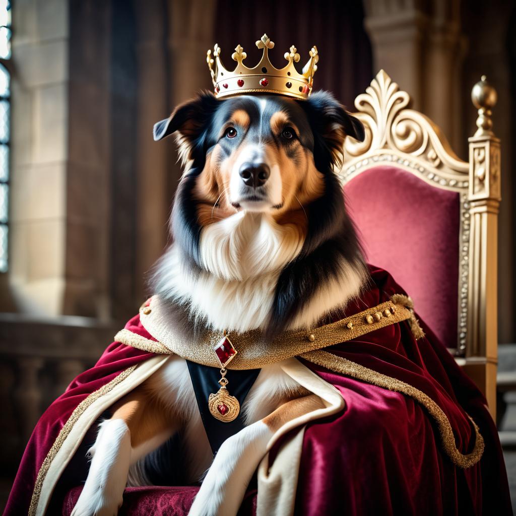 collie as a king in a magical castle, wearing a crown and robe, seated on a throne.