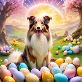 collie in a magical easter setting with colorful eggs, ethereal and dreamy details.